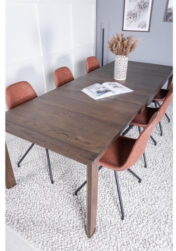 VENTURE DESIGN Slider spisebordsst, m. 6 stole - smoked egefiner/eg og brun PU/sort metal