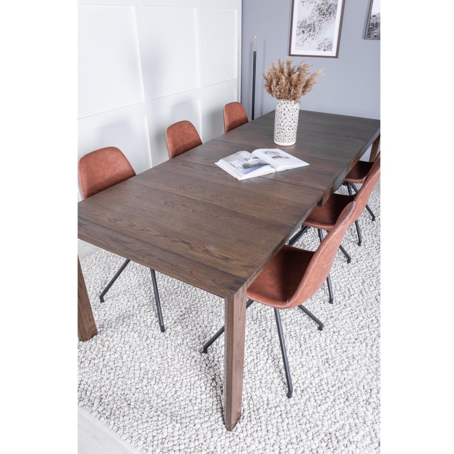 VENTURE DESIGN Slider spisebordsst, m. 6 stole - smoked egefiner/eg og brun PU/sort metal