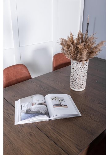 VENTURE DESIGN Slider spisebordsst, m. 6 stole - smoked egefiner/eg og brun PU/sort metal