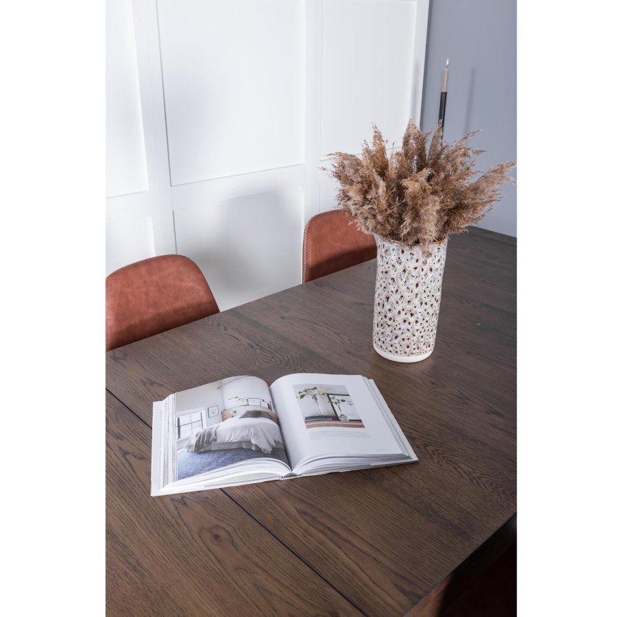 VENTURE DESIGN Slider spisebordsst, m. 6 stole - smoked egefiner/eg og brun PU/sort metal