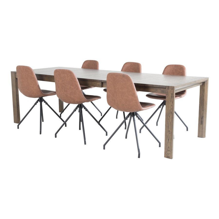 VENTURE DESIGN Slider spisebordsst, m. 6 stole - smoked egefiner/eg og brun PU/sort metal