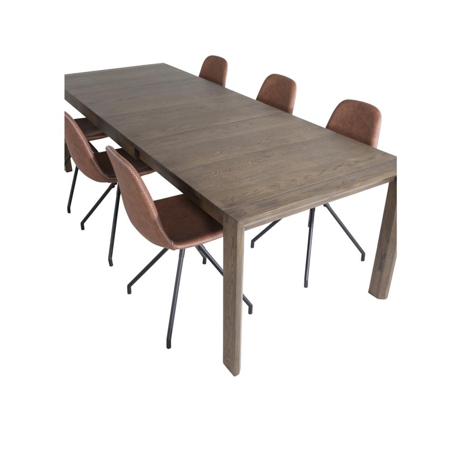 VENTURE DESIGN Slider spisebordsst, m. 6 stole - smoked egefiner/eg og brun PU/sort metal