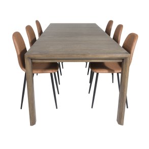 VENTURE DESIGN Slider spisebordsst, m. 6 stole - smoked egefiner/eg og brun PU/sort metal