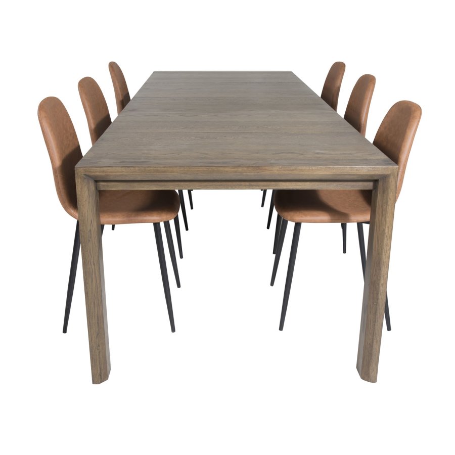 VENTURE DESIGN Slider spisebordsst, m. 6 stole - smoked egefiner/eg og brun PU/sort metal
