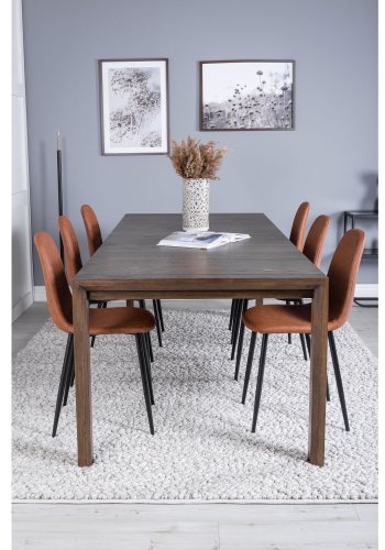 VENTURE DESIGN Slider spisebordsst, m. 6 stole - smoked egefiner/eg og brun PU/sort metal