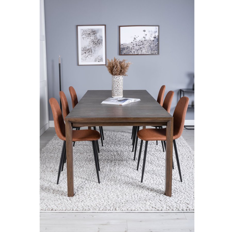 VENTURE DESIGN Slider spisebordsst, m. 6 stole - smoked egefiner/eg og brun PU/sort metal