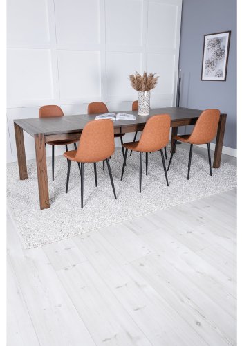 VENTURE DESIGN Slider spisebordsst, m. 6 stole - smoked egefiner/eg og brun PU/sort metal