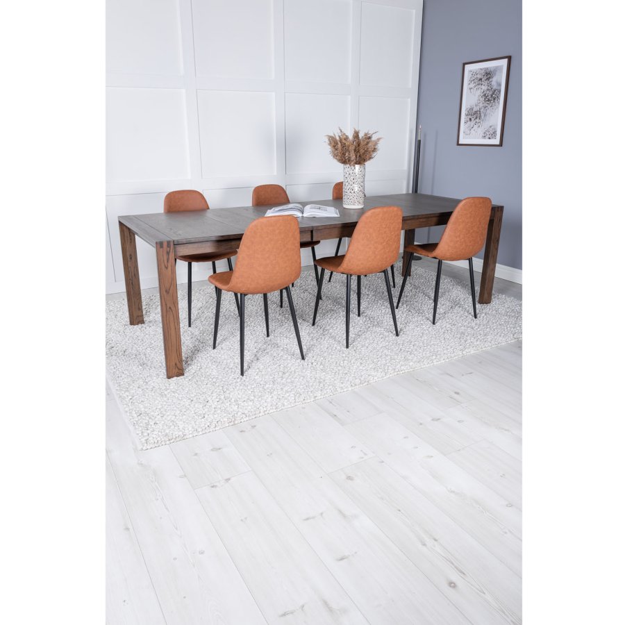 VENTURE DESIGN Slider spisebordsst, m. 6 stole - smoked egefiner/eg og brun PU/sort metal