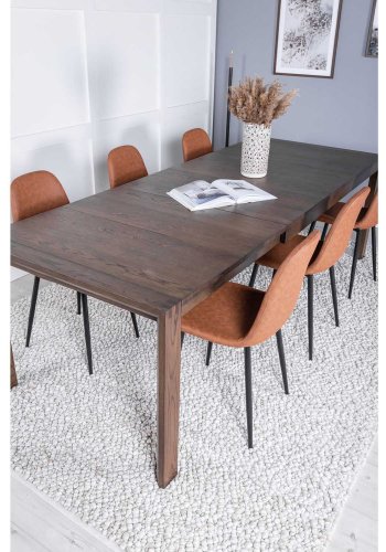 VENTURE DESIGN Slider spisebordsst, m. 6 stole - smoked egefiner/eg og brun PU/sort metal