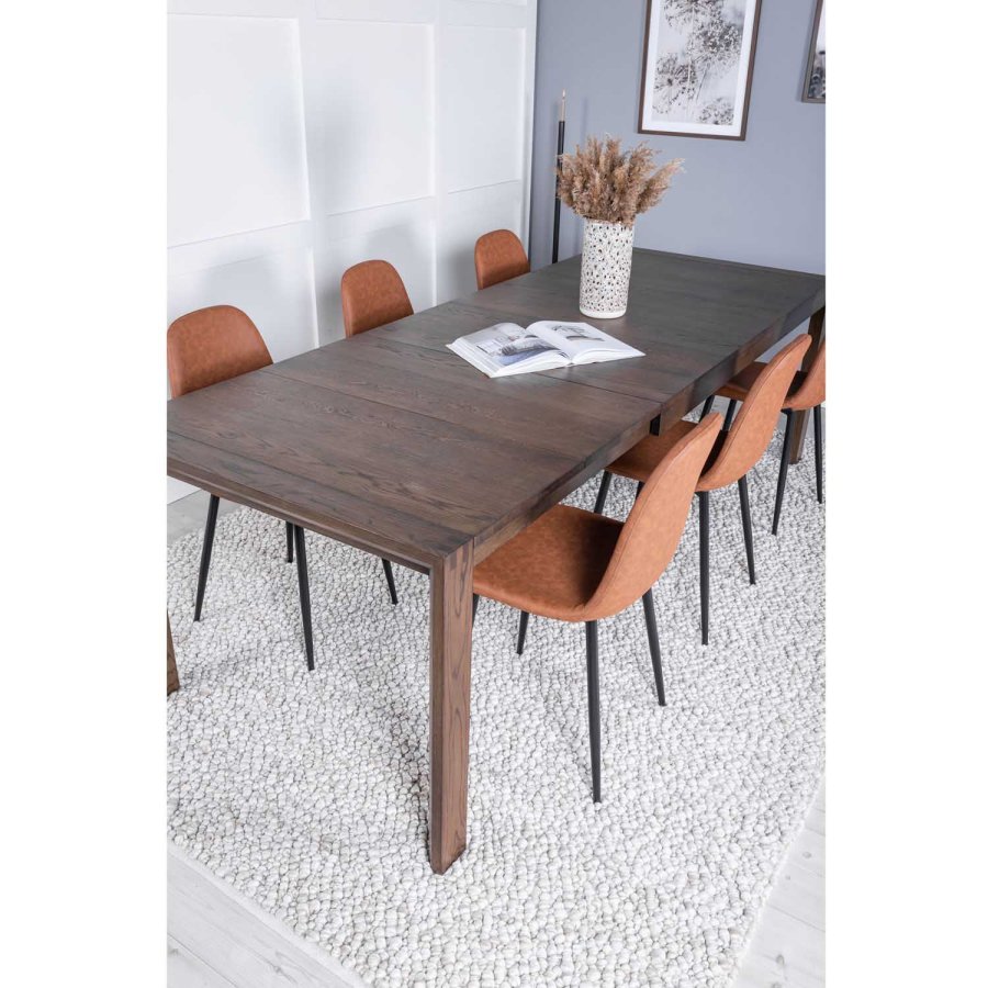 VENTURE DESIGN Slider spisebordsst, m. 6 stole - smoked egefiner/eg og brun PU/sort metal