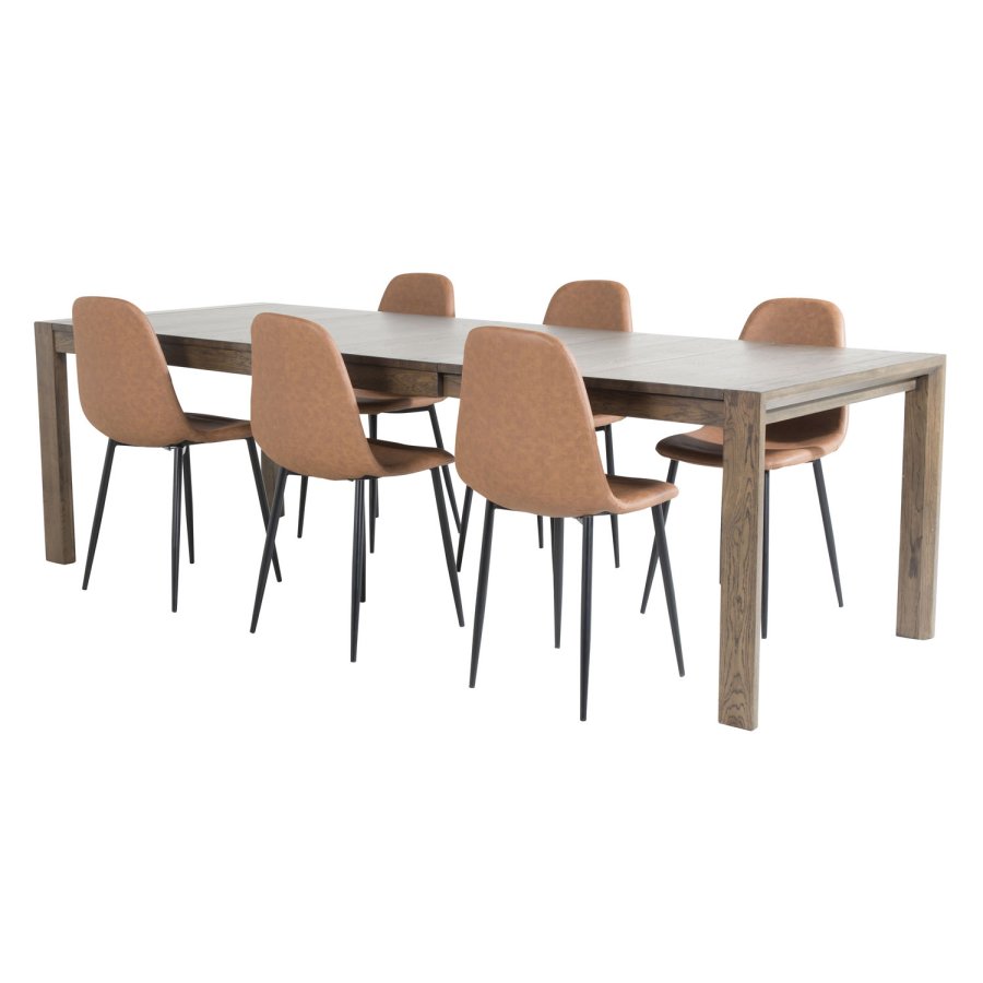 VENTURE DESIGN Slider spisebordsst, m. 6 stole - smoked egefiner/eg og brun PU/sort metal