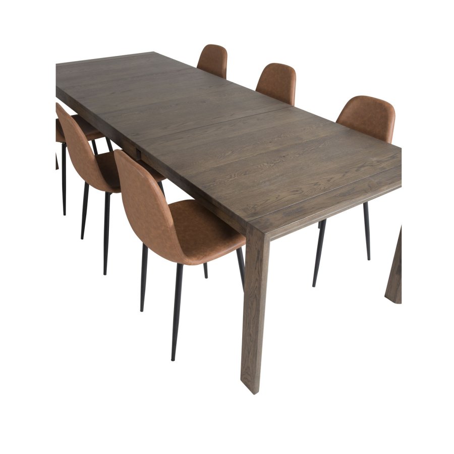 VENTURE DESIGN Slider spisebordsst, m. 6 stole - smoked egefiner/eg og brun PU/sort metal