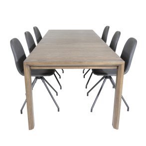 VENTURE DESIGN Slider spisebordsst, m. 6 stole - smoked egefiner/eg og sort PU/sort metal