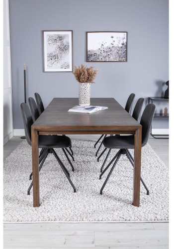 VENTURE DESIGN Slider spisebordsst, m. 6 stole - smoked egefiner/eg og sort PU/sort metal