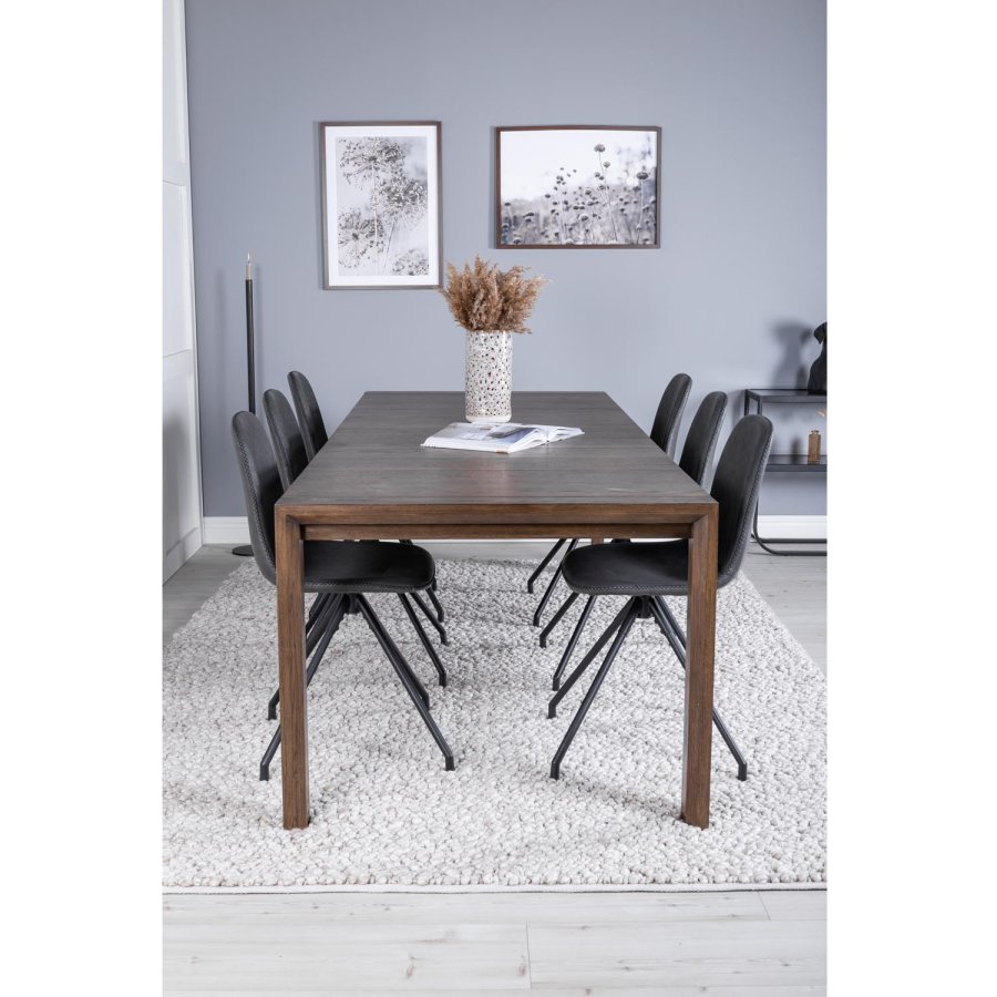 VENTURE DESIGN Slider spisebordsst, m. 6 stole - smoked egefiner/eg og sort PU/sort metal