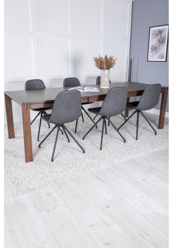 VENTURE DESIGN Slider spisebordsst, m. 6 stole - smoked egefiner/eg og sort PU/sort metal