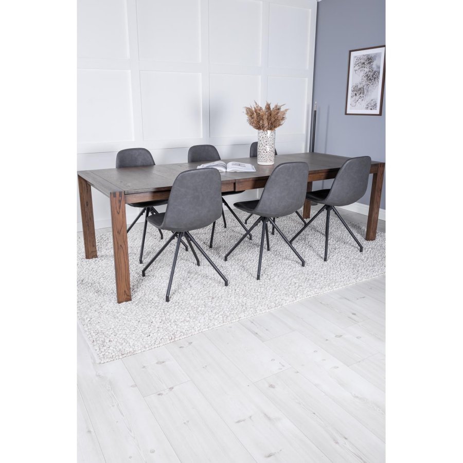 VENTURE DESIGN Slider spisebordsst, m. 6 stole - smoked egefiner/eg og sort PU/sort metal