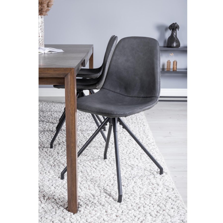 VENTURE DESIGN Slider spisebordsst, m. 6 stole - smoked egefiner/eg og sort PU/sort metal