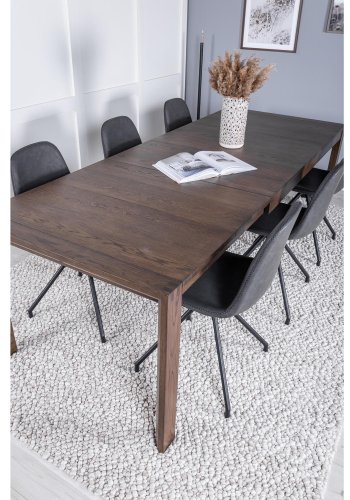 VENTURE DESIGN Slider spisebordsst, m. 6 stole - smoked egefiner/eg og sort PU/sort metal