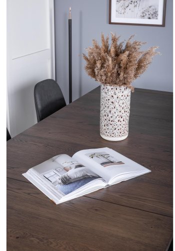 VENTURE DESIGN Slider spisebordsst, m. 6 stole - smoked egefiner/eg og sort PU/sort metal