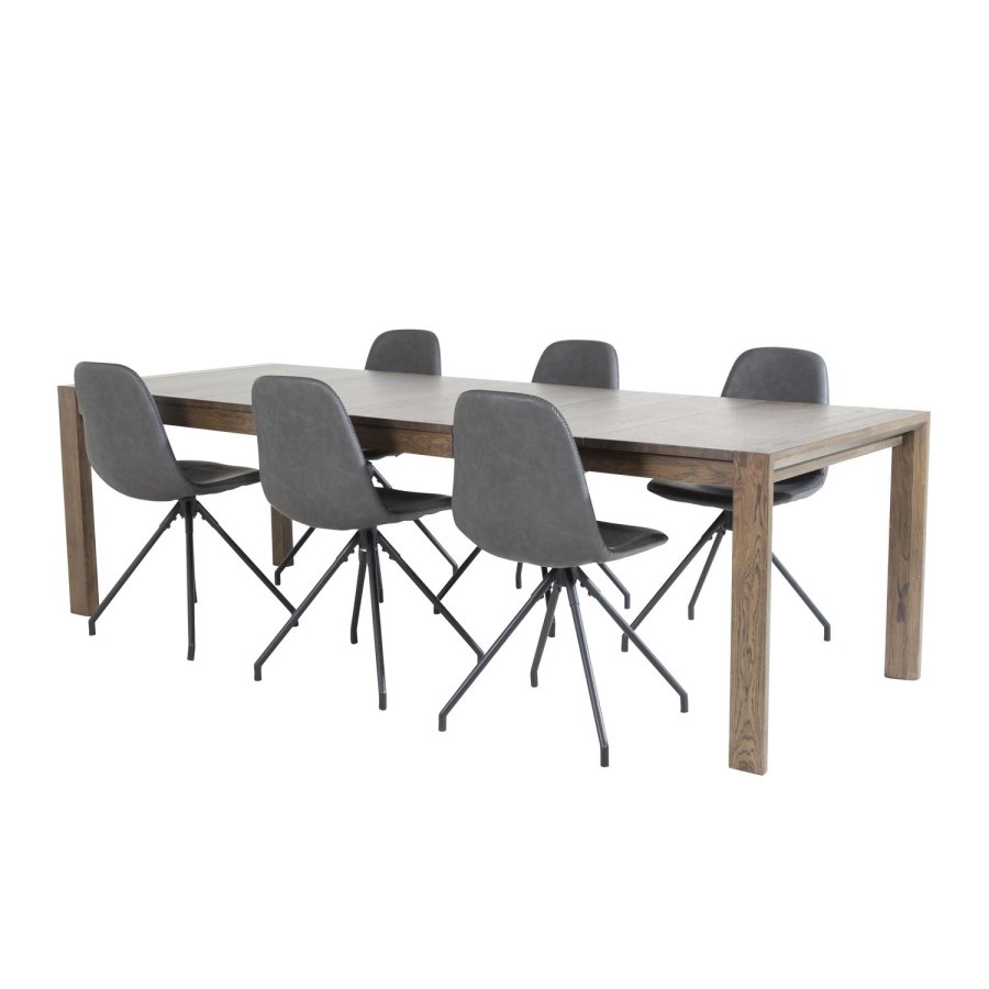 VENTURE DESIGN Slider spisebordsst, m. 6 stole - smoked egefiner/eg og sort PU/sort metal