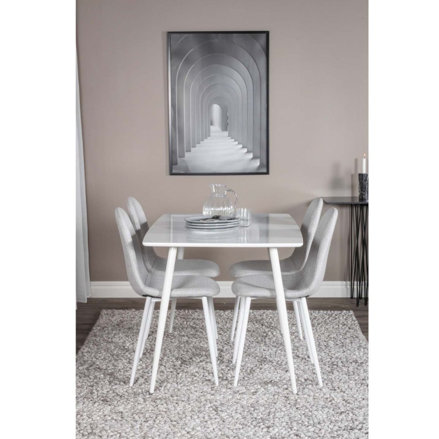 VENTURE DESIGN Polar spisebordsst, m. 4 stole - hvid MDF/hvid metal og lysegr polyester/hvid metal