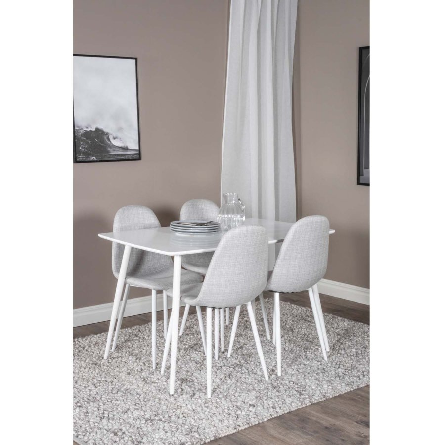 VENTURE DESIGN Polar spisebordsst, m. 4 stole - hvid MDF/hvid metal og lysegr polyester/hvid metal