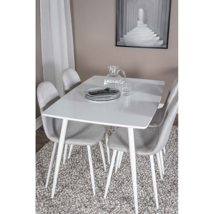 VENTURE DESIGN Polar spisebordsst, m. 4 stole - hvid MDF/hvid metal og lysegr polyester/hvid metal