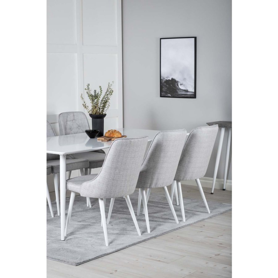 VENTURE DESIGN Polar spisebordsst, m. 6 stole -  hvid MDF/hvid metal, lysegr stof/hvid metal