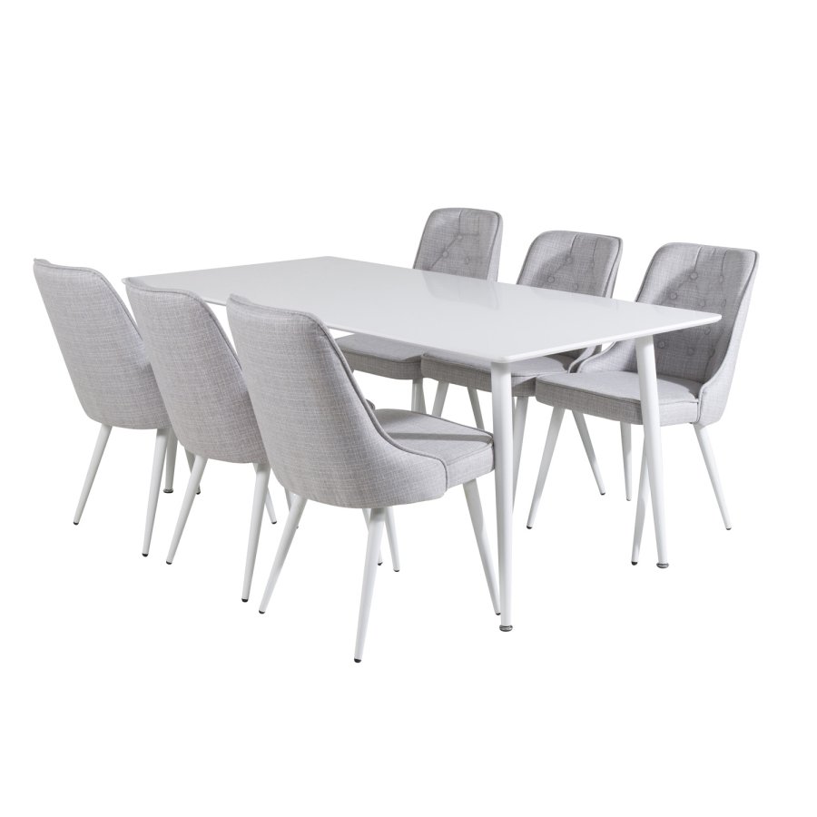 VENTURE DESIGN Polar spisebordsst, m. 6 stole -  hvid MDF/hvid metal, lysegr stof/hvid metal