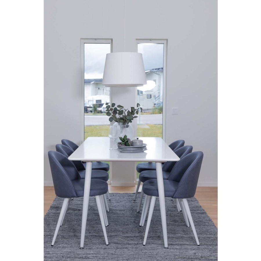 VENTURE DESIGN Polar spisebordsst, m. 6 stole -  hvid MDF/hvid metal, bl stof/hvid metal