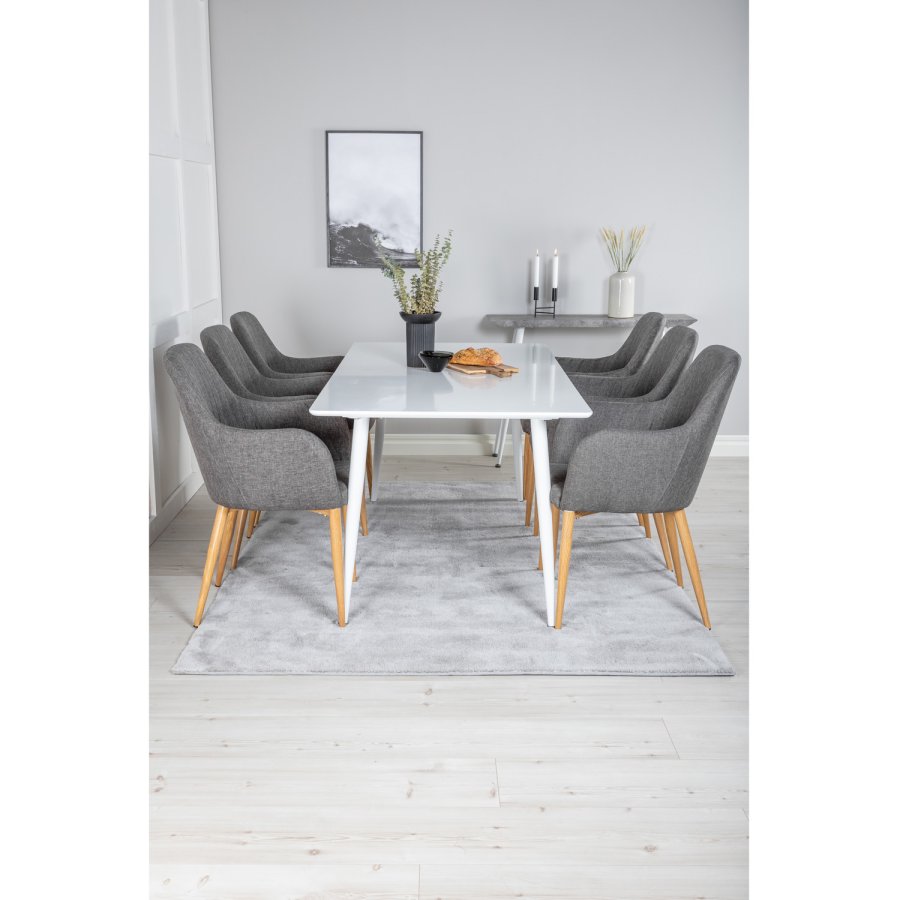 VENTURE DESIGN Polar spisebordsst, m. 6 stole -  hvid MDF/hvid metal, gr stof/valndfolie metal