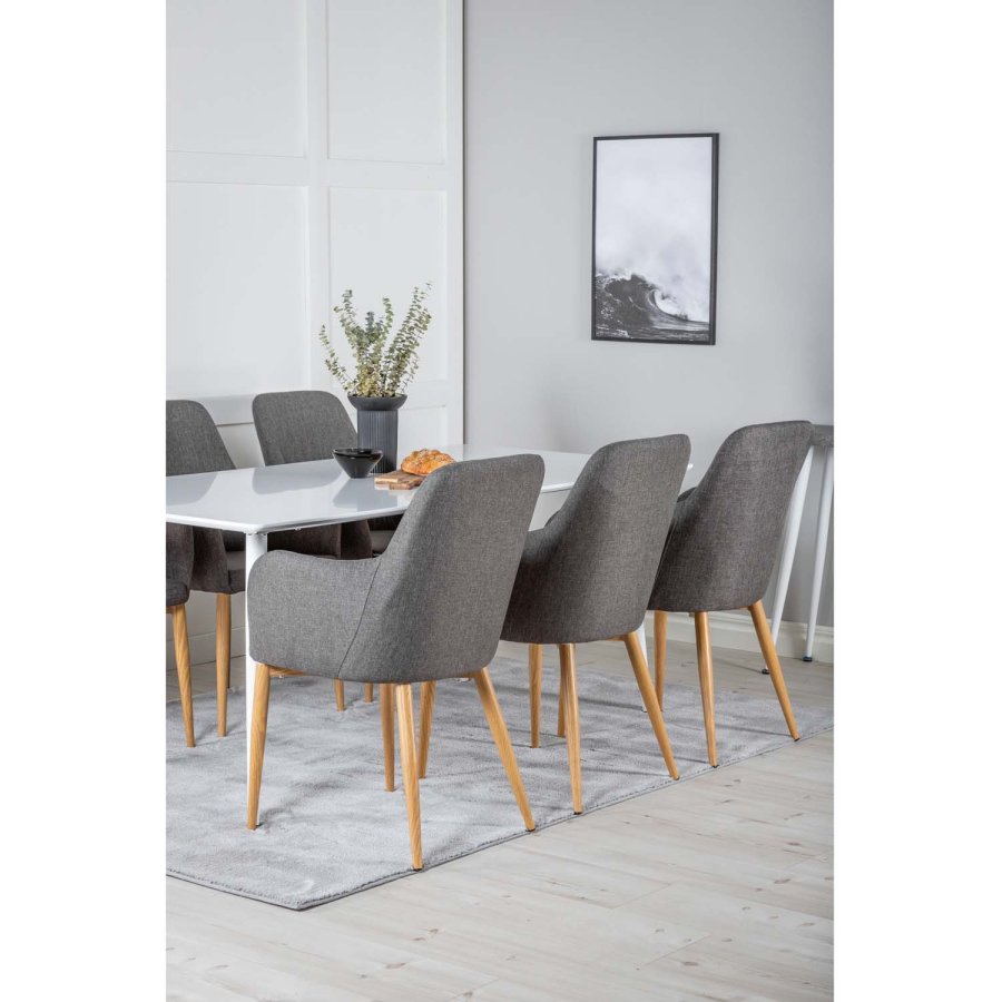 VENTURE DESIGN Polar spisebordsst, m. 6 stole -  hvid MDF/hvid metal, gr stof/valndfolie metal