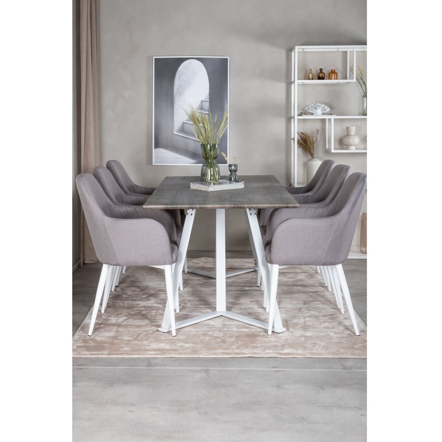 VENTURE DESIGN Marina spisebordsst, m. 6 stole - gr finer/hvid metal og gr stof/hvid metal