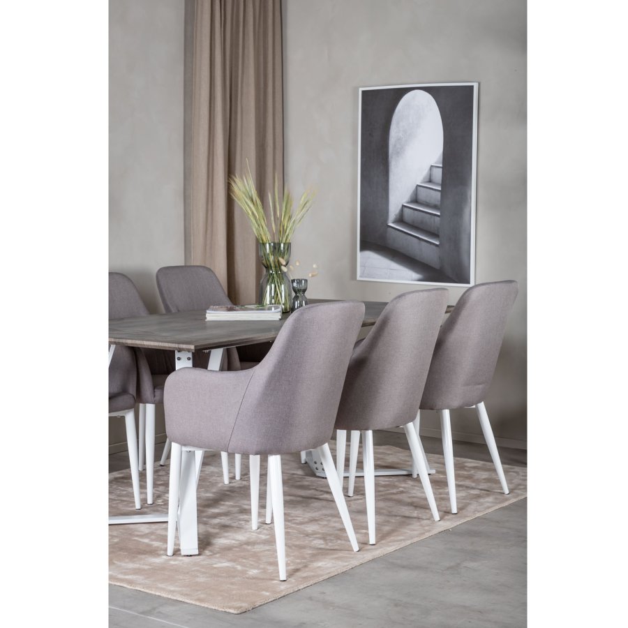 VENTURE DESIGN Marina spisebordsst, m. 6 stole - gr finer/hvid metal og gr stof/hvid metal