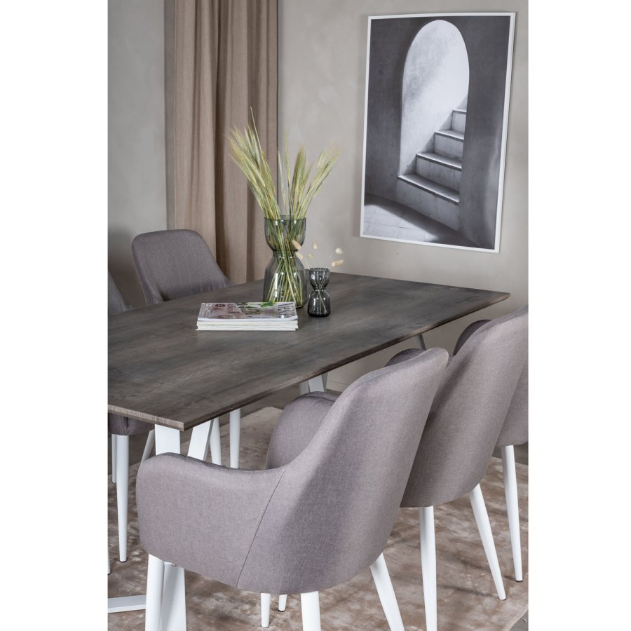 VENTURE DESIGN Marina spisebordsst, m. 6 stole - gr finer/hvid metal og gr stof/hvid metal