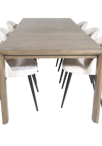 VENTURE DESIGN Slider spisebordsst, m. 6 stole - smoked egefiner/eg og beige fljl/sort metal