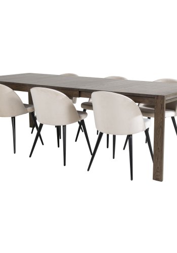 VENTURE DESIGN Slider spisebordsst, m. 6 stole - smoked egefiner/eg og beige fljl/sort metal