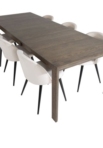VENTURE DESIGN Slider spisebordsst, m. 6 stole - smoked egefiner/eg og beige fljl/sort metal