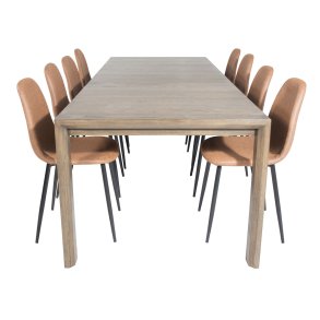 VENTURE DESIGN Slider spisebordsst, m. 6 stole - smoked egefiner/eg og brun PU/sort metal