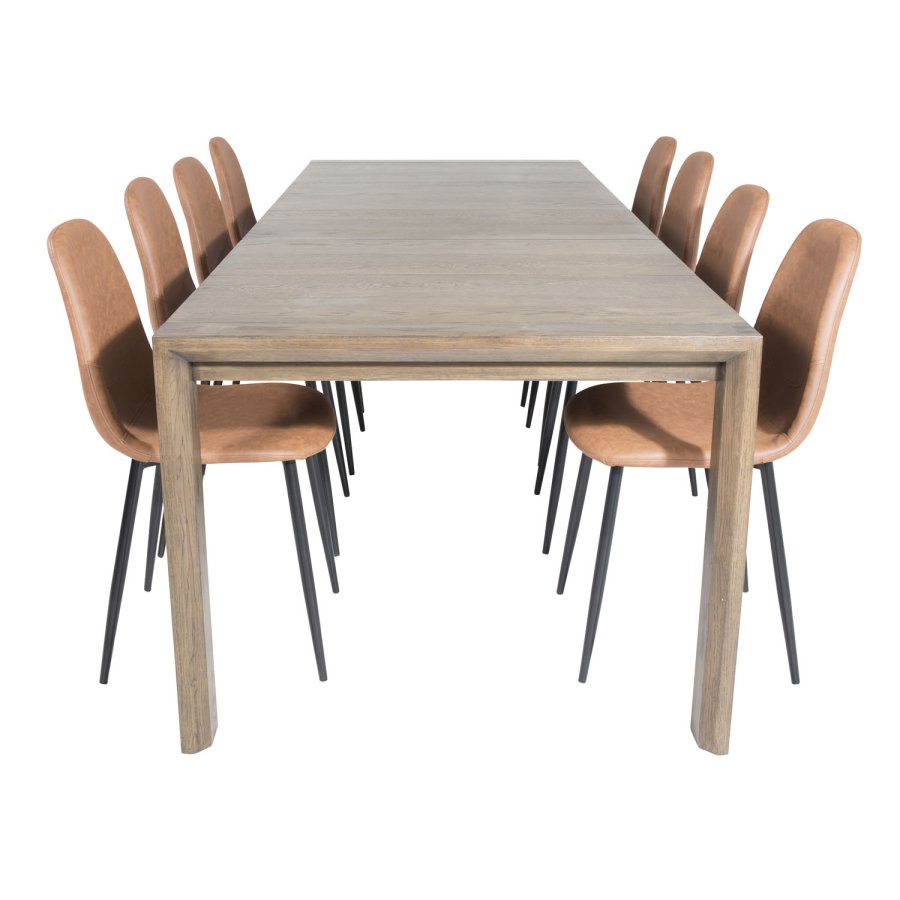 VENTURE DESIGN Slider spisebordsst, m. 6 stole - smoked egefiner/eg og brun PU/sort metal
