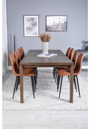 VENTURE DESIGN Slider spisebordsst, m. 6 stole - smoked egefiner/eg og brun PU/sort metal