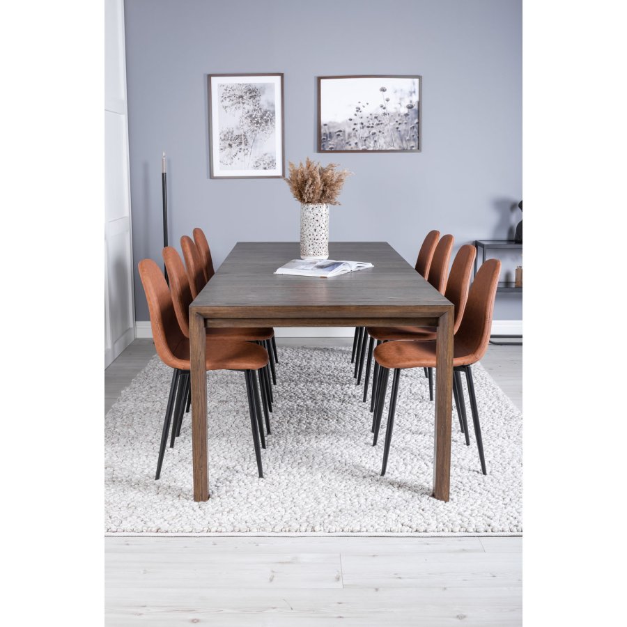 VENTURE DESIGN Slider spisebordsst, m. 6 stole - smoked egefiner/eg og brun PU/sort metal