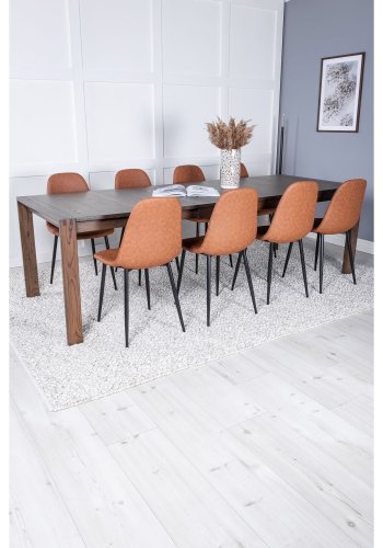 VENTURE DESIGN Slider spisebordsst, m. 6 stole - smoked egefiner/eg og brun PU/sort metal