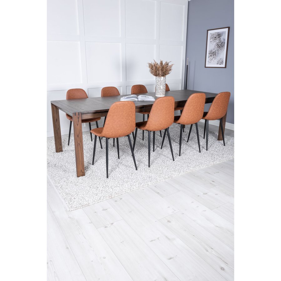 VENTURE DESIGN Slider spisebordsst, m. 6 stole - smoked egefiner/eg og brun PU/sort metal