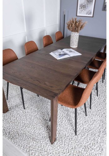 VENTURE DESIGN Slider spisebordsst, m. 6 stole - smoked egefiner/eg og brun PU/sort metal
