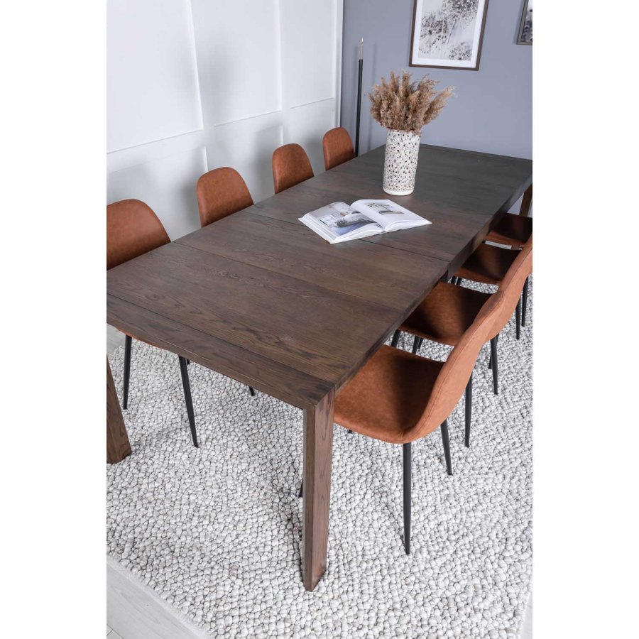 VENTURE DESIGN Slider spisebordsst, m. 6 stole - smoked egefiner/eg og brun PU/sort metal