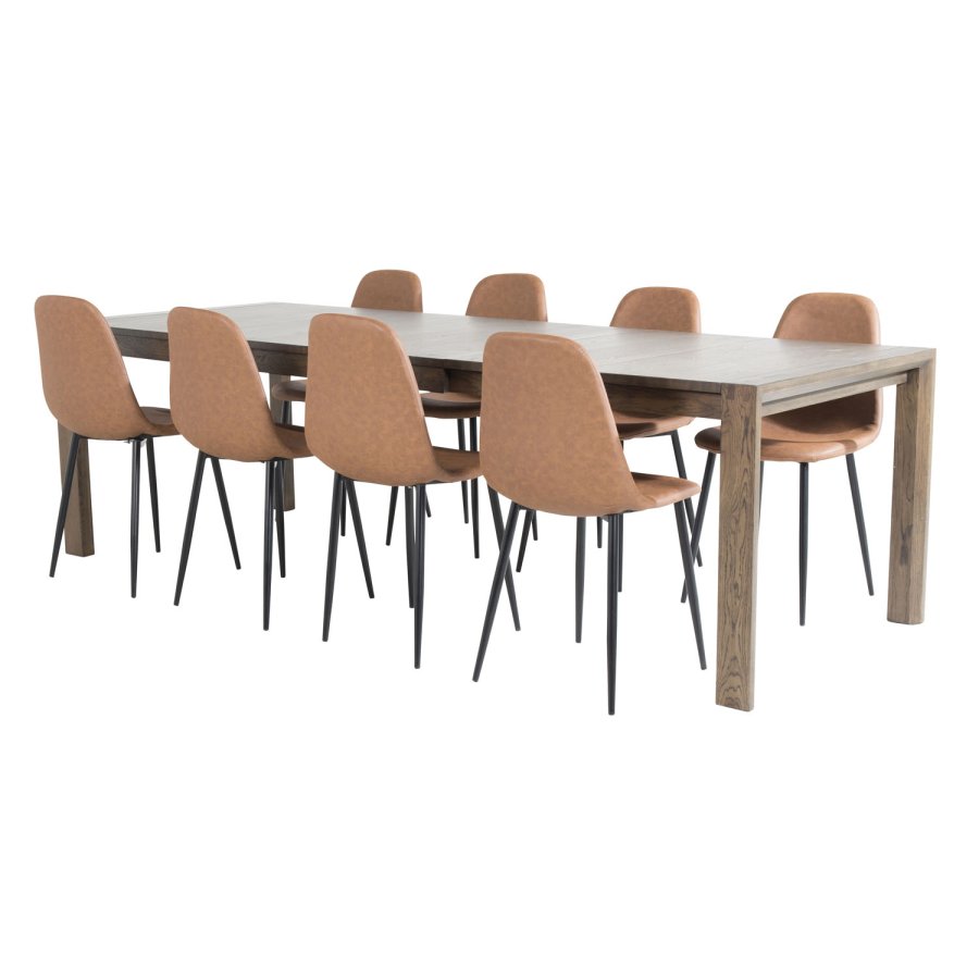 VENTURE DESIGN Slider spisebordsst, m. 6 stole - smoked egefiner/eg og brun PU/sort metal