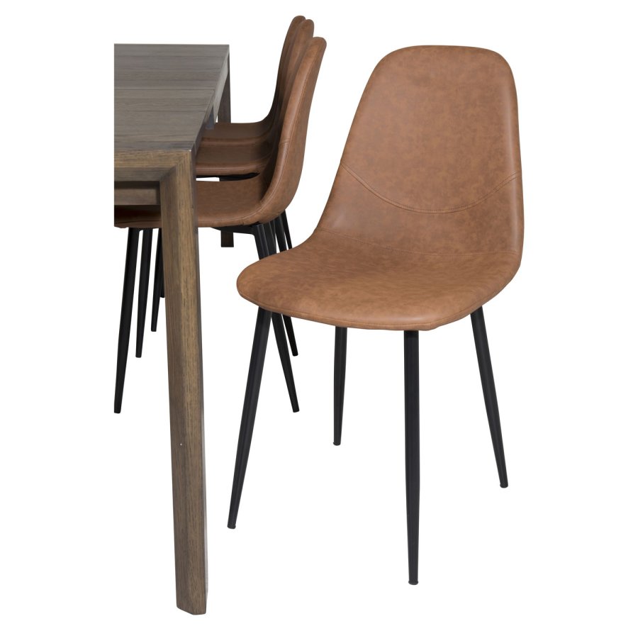 VENTURE DESIGN Slider spisebordsst, m. 6 stole - smoked egefiner/eg og brun PU/sort metal