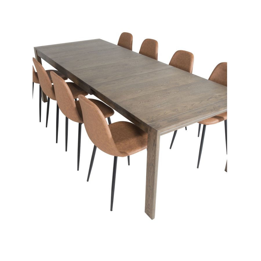 VENTURE DESIGN Slider spisebordsst, m. 6 stole - smoked egefiner/eg og brun PU/sort metal